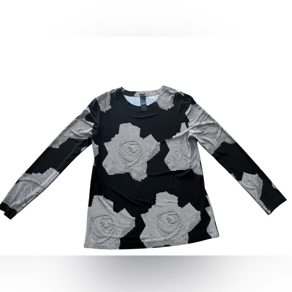 Norma Kamali Long Sleeve Top Medium Black Gray Abstract Rose Print Stretch Tee